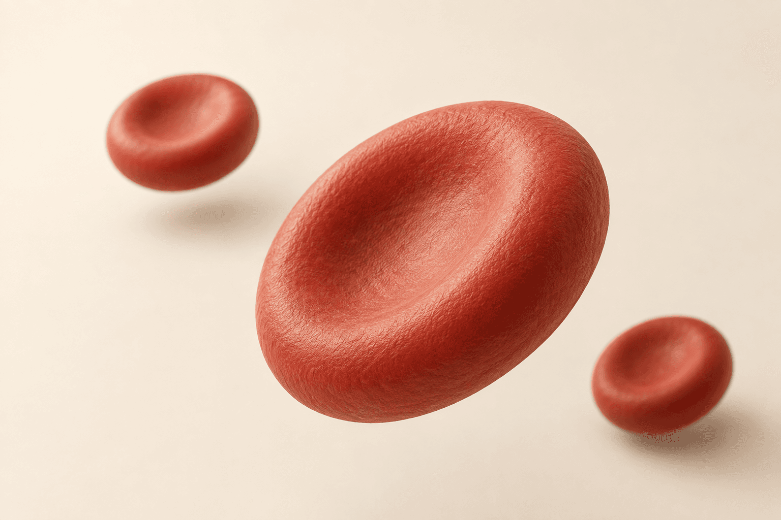 Illustration of three sculptural red blood cells with indented centres.